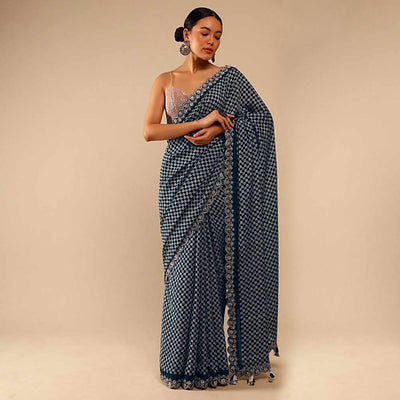 Grey Printed With Embroidered Border Chinon Saree