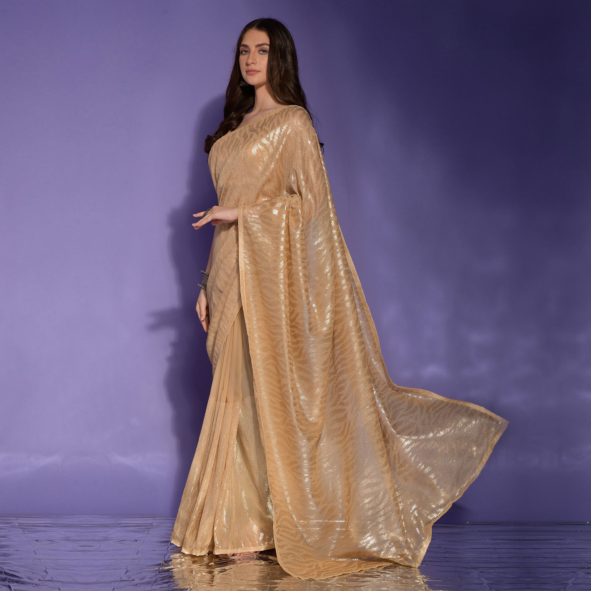 Cream Sequins Embroidered Georgette Saree