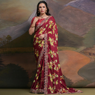 Maroon Floral Printed Chinon Saree With Embroidered Border
