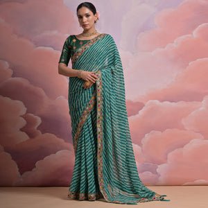 green-leheriya-printed-with-embroidered-border-georgette-saree