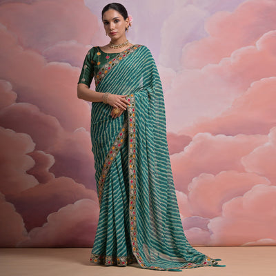 green-leheriya-printed-with-embroidered-border-georgette-saree