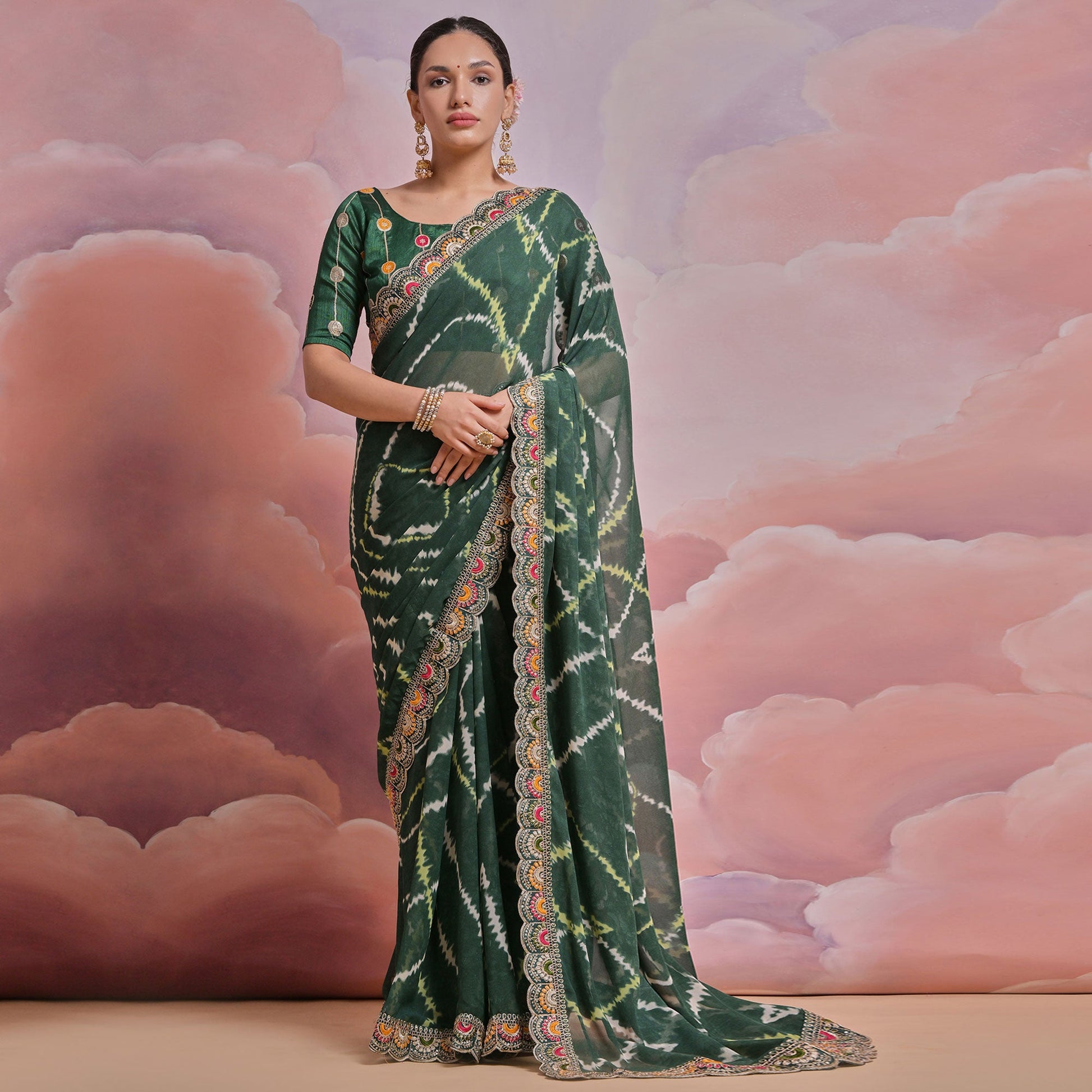 green-printed-with-embroidered-border-georgette-saree
