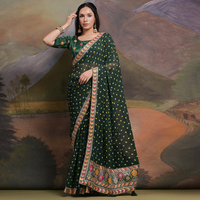 green-bandhej-printed-georgette-saree-with-tassels