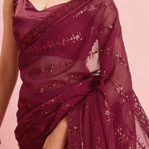 Maroon Floral Sequins Embroidered Georgette Saree