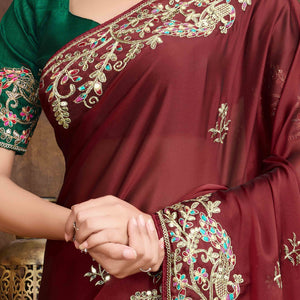 Maroon Floral Sequins Embroidered Vichitra Rangoli Silk Saree