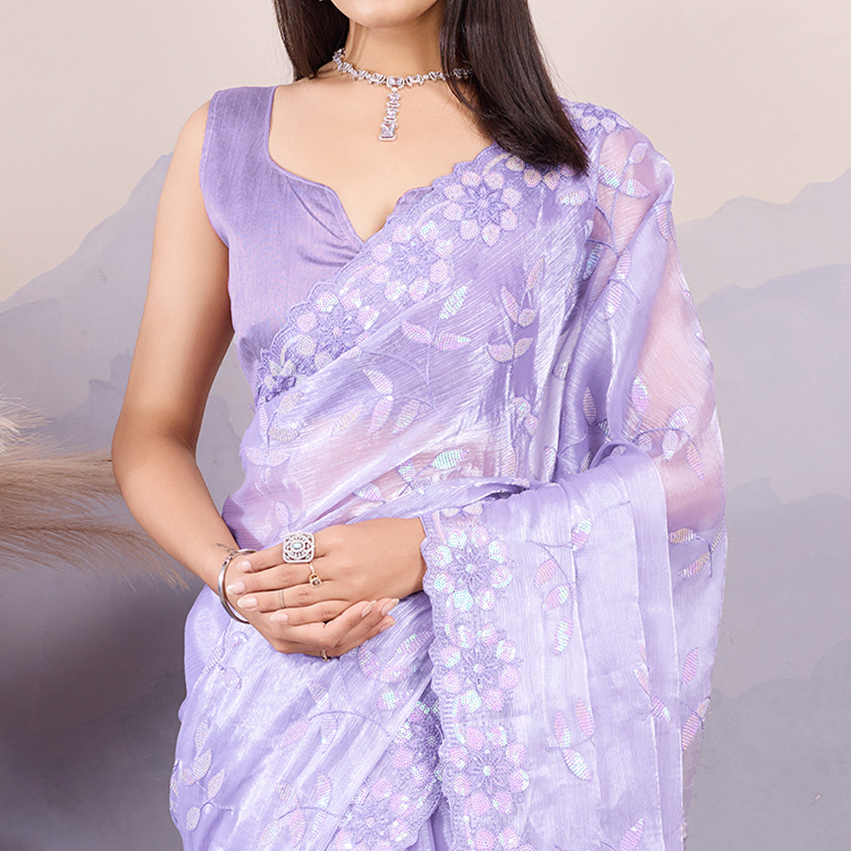 Lavender Sequins Embroidered Art Silk Saree