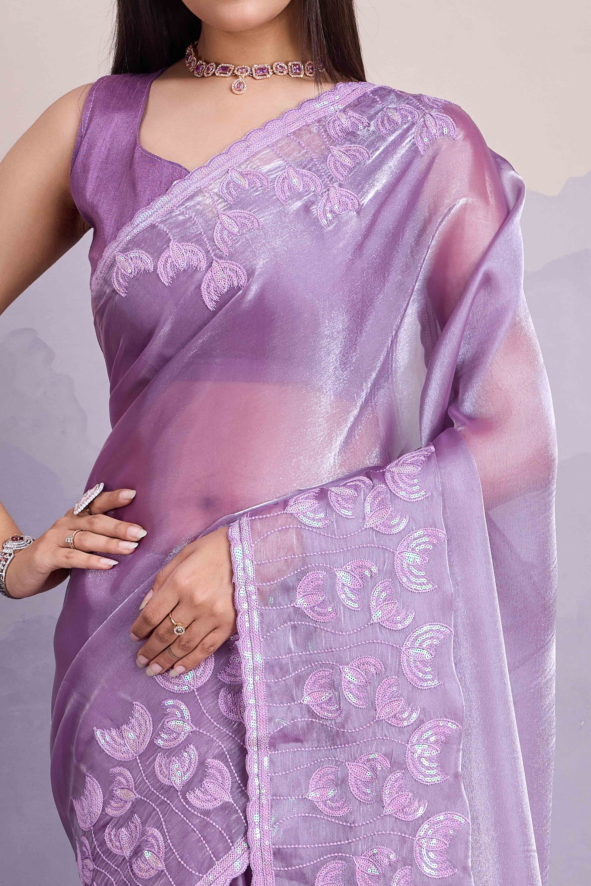 Lavender Floral Sequins Embroidered Jimmi Choo Zoya Silk Saree