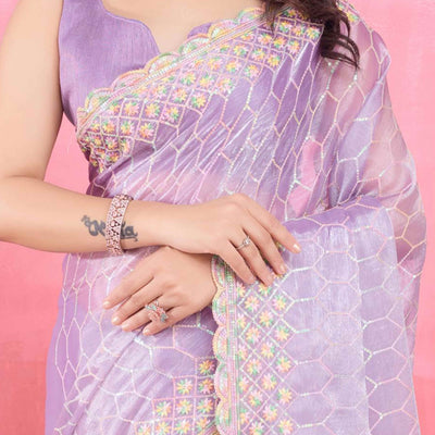 Lavender Floral Sequins Embroidered Mulberry Silk Saree