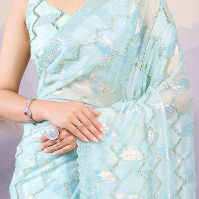 Light Turquoise Sequins Embroidered Twill Net Saree