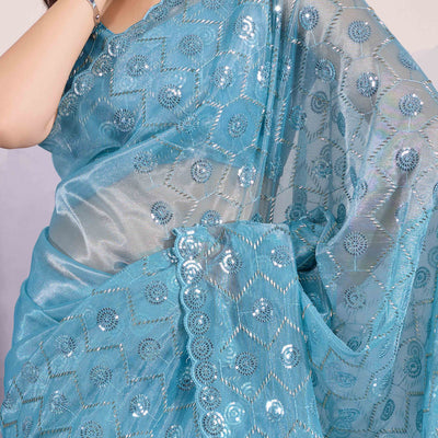 Blue Sequins Embroidered Twill Net Saree