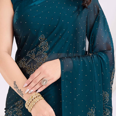 Morpich Blue Floral Swarovski Work Rangoli Art Silk Ready To Wear Saree