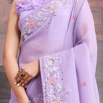 Lavender Floral Sequins Embroidered Organza Saree