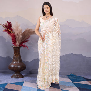 Cream Floral Thread Embroidered Net Saree
