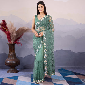 green-floral-thread-embroidered-net-saree