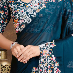 Morpich Blue Floral Sequins Embroidered Vichitra Rangoli Silk Saree