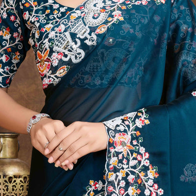 Morpich Blue Floral Sequins Embroidered Vichitra Rangoli Silk Saree