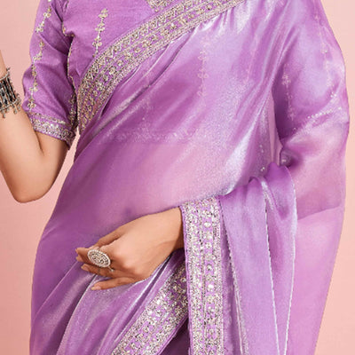 Lavender Solid With Floral Sequins Embroidered Jimmy Choo Tissue Saree