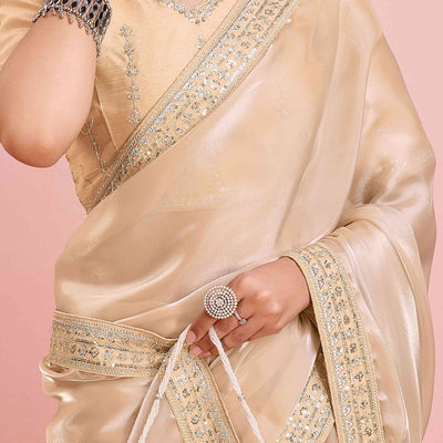 Cream Solid With Floral Sequins Embroidered Jimmy Choo Tissue Saree