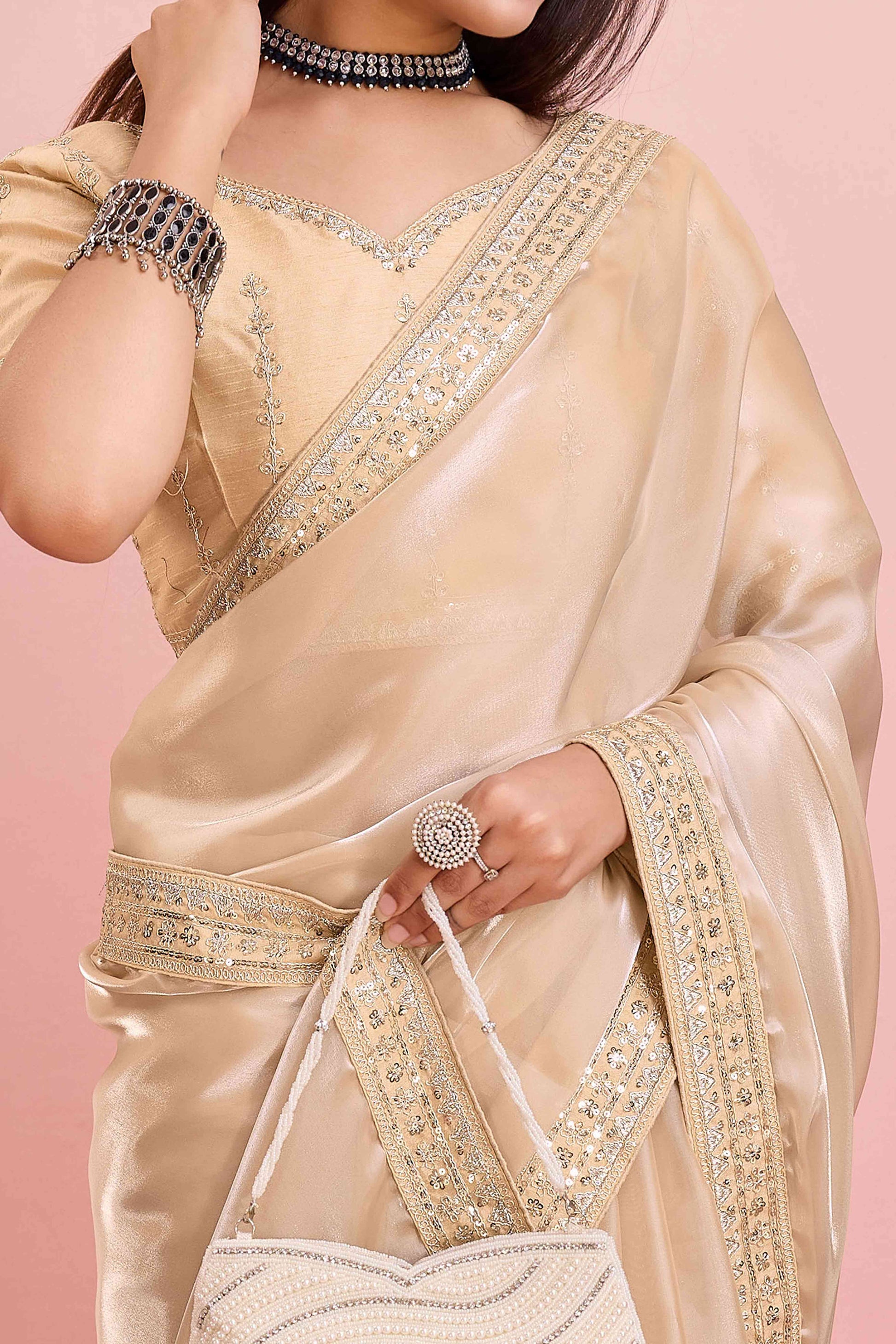 Cream Solid With Floral Sequins Embroidered Jimmy Choo Tissue Saree