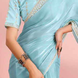Blue Solid With Floral Sequins Embroidered Jimmy Choo Tissue Saree