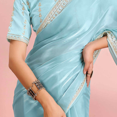 Blue Solid With Floral Sequins Embroidered Jimmy Choo Tissue Saree