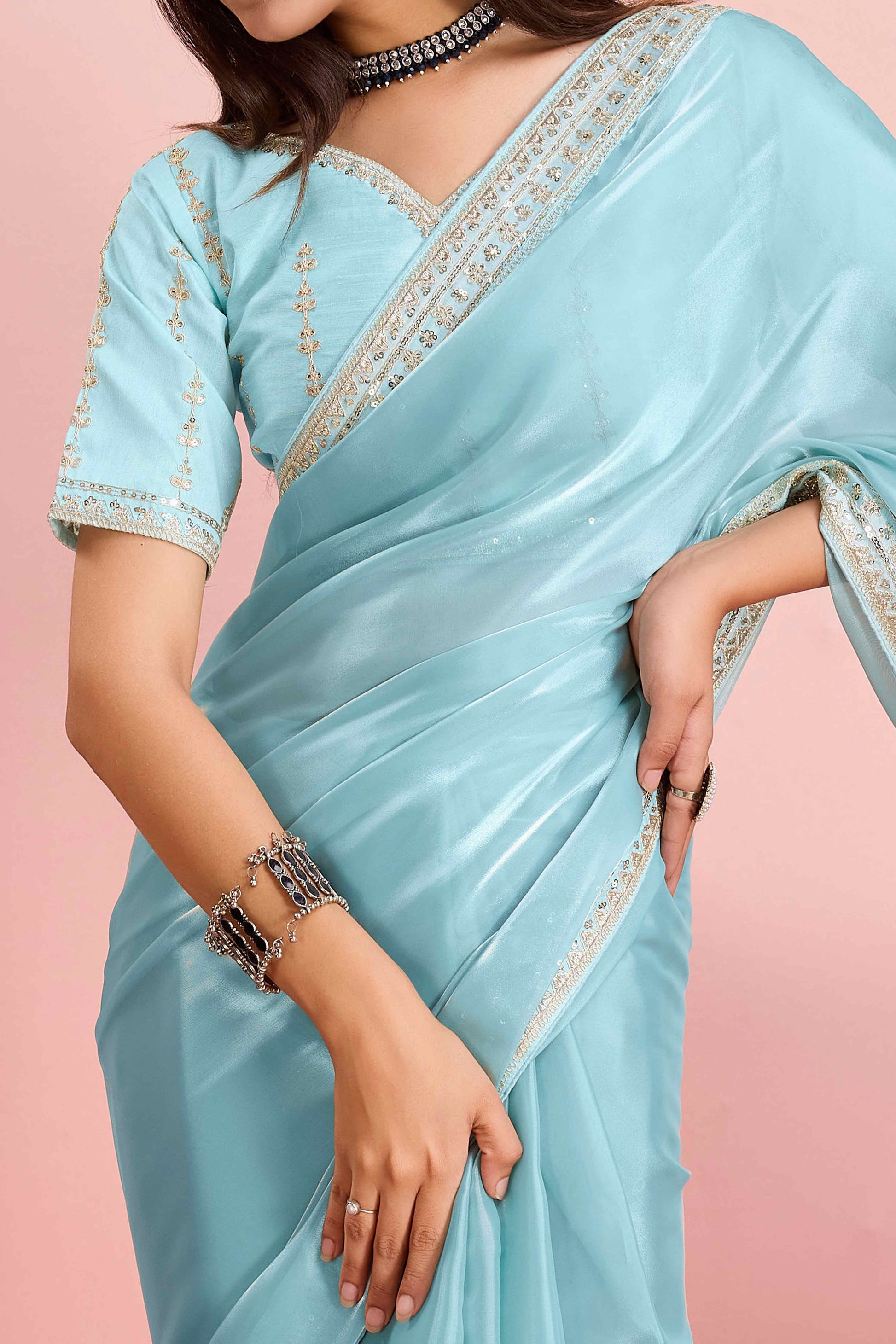 Blue Solid With Floral Sequins Embroidered Jimmy Choo Tissue Saree