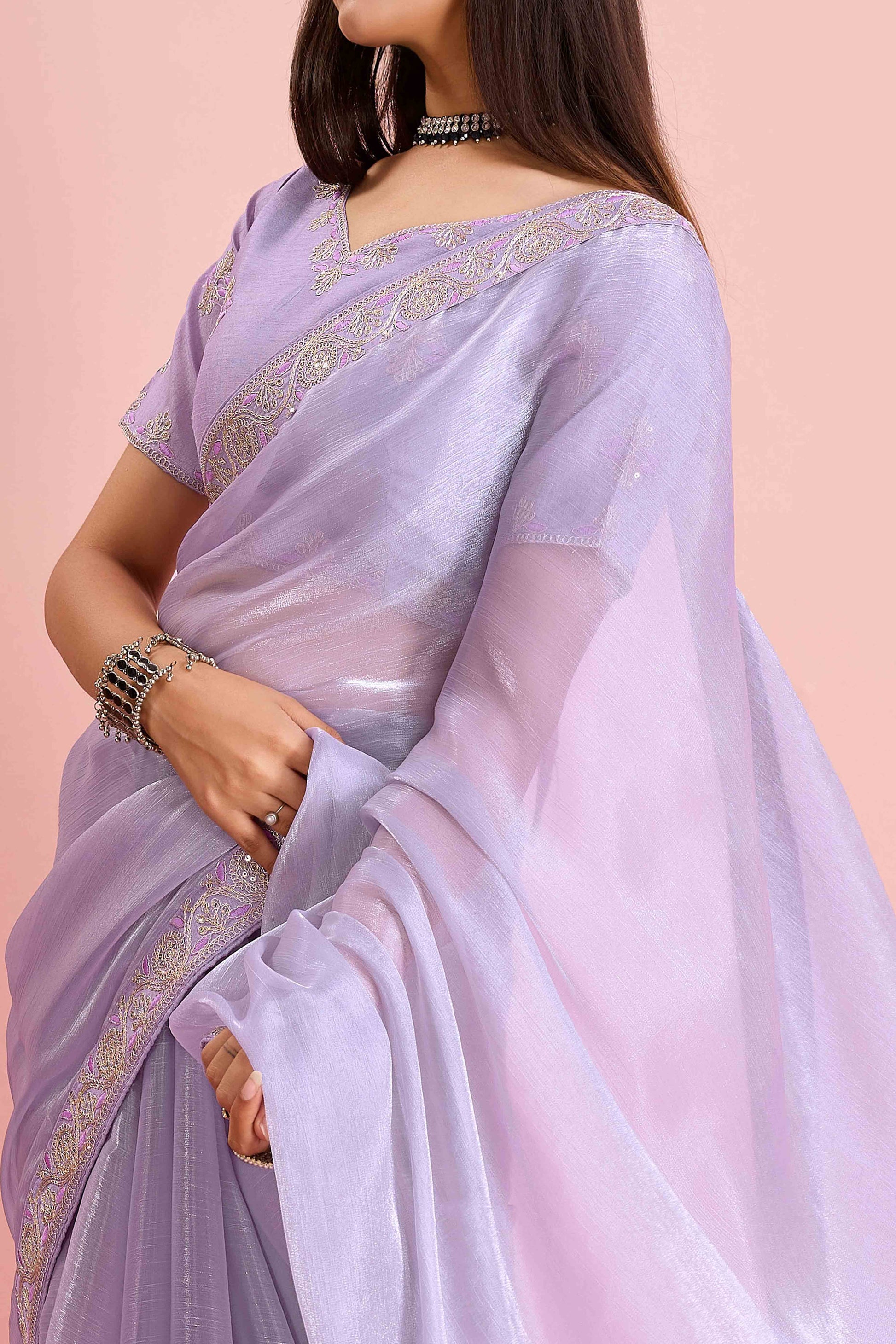 Lavender Solid With Sequins Embroidery Border Mulberry Silk Saree