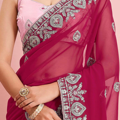 Dark Magenta Floral Sequins Embroidered Georgette Saree