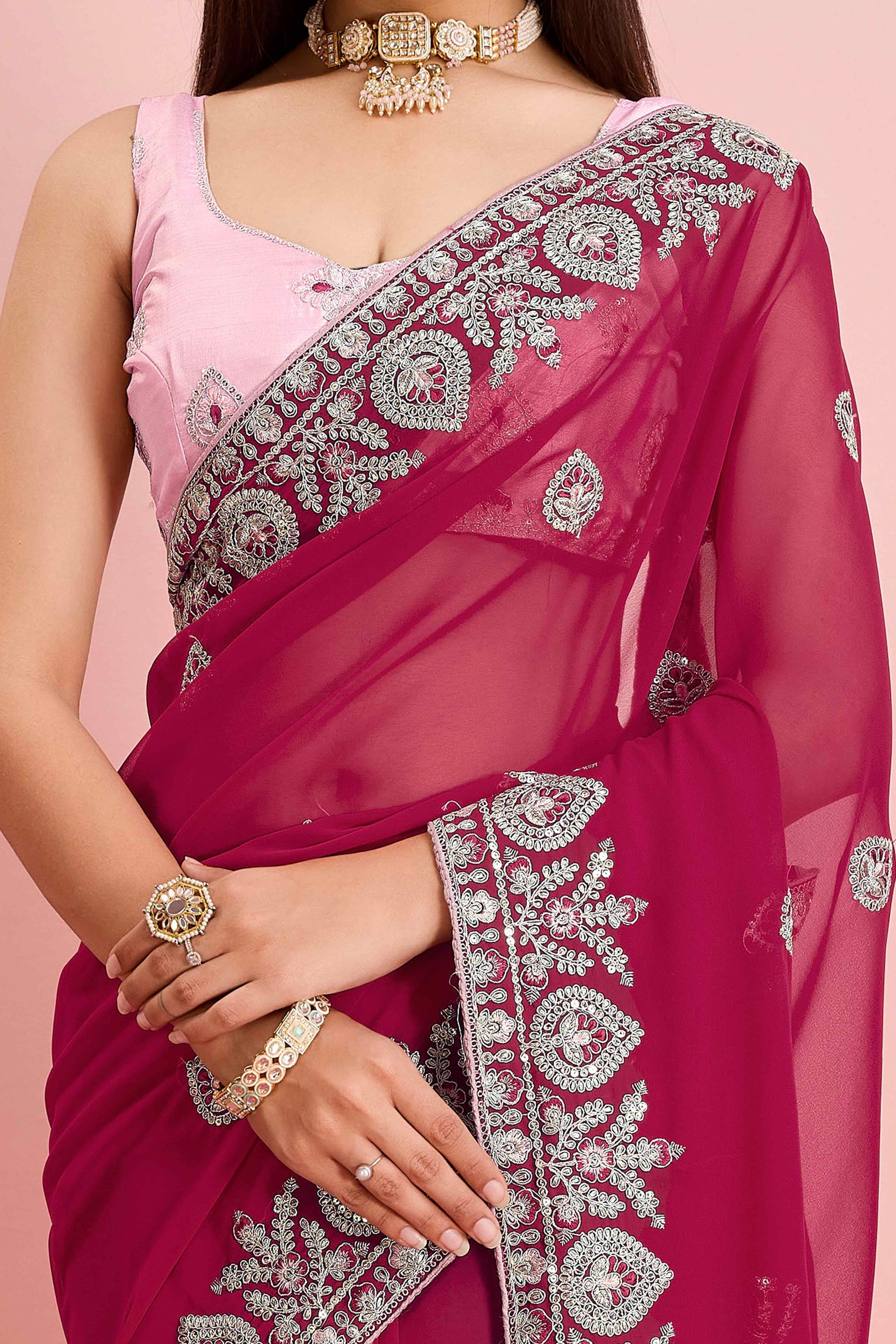 Dark Magenta Floral Sequins Embroidered Georgette Saree