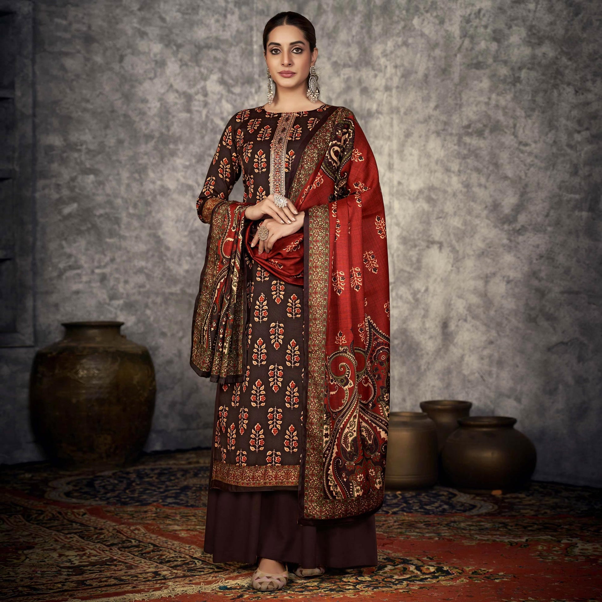 Brown Printed With Embroidered Pashmina Suit