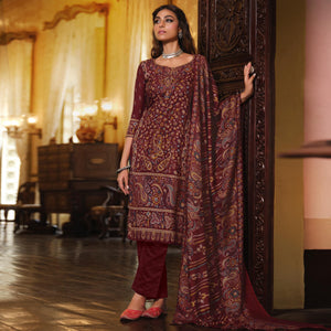 Maroon Digital Printed Pashmina Woolen Suit