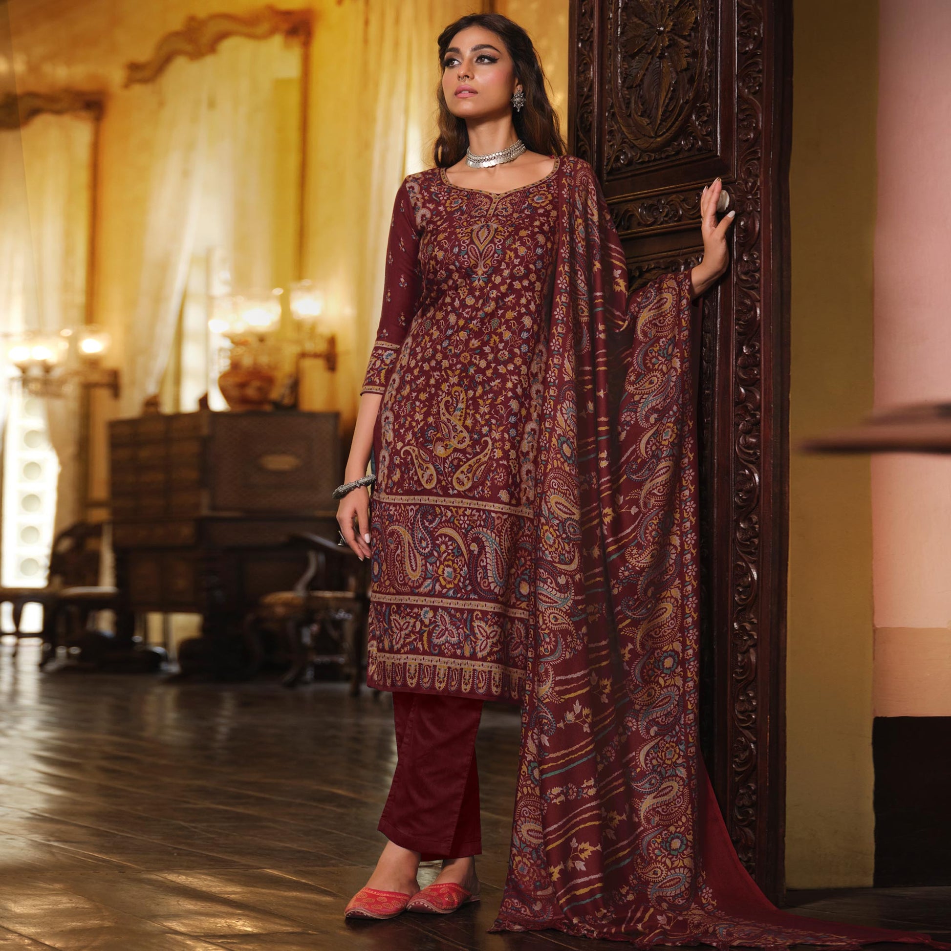 Maroon Digital Printed Pashmina Woolen Suit