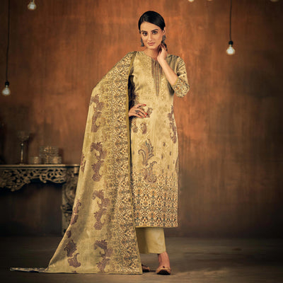 Chikoo Printed With Swarovski Work Pashmina Salwar Suit