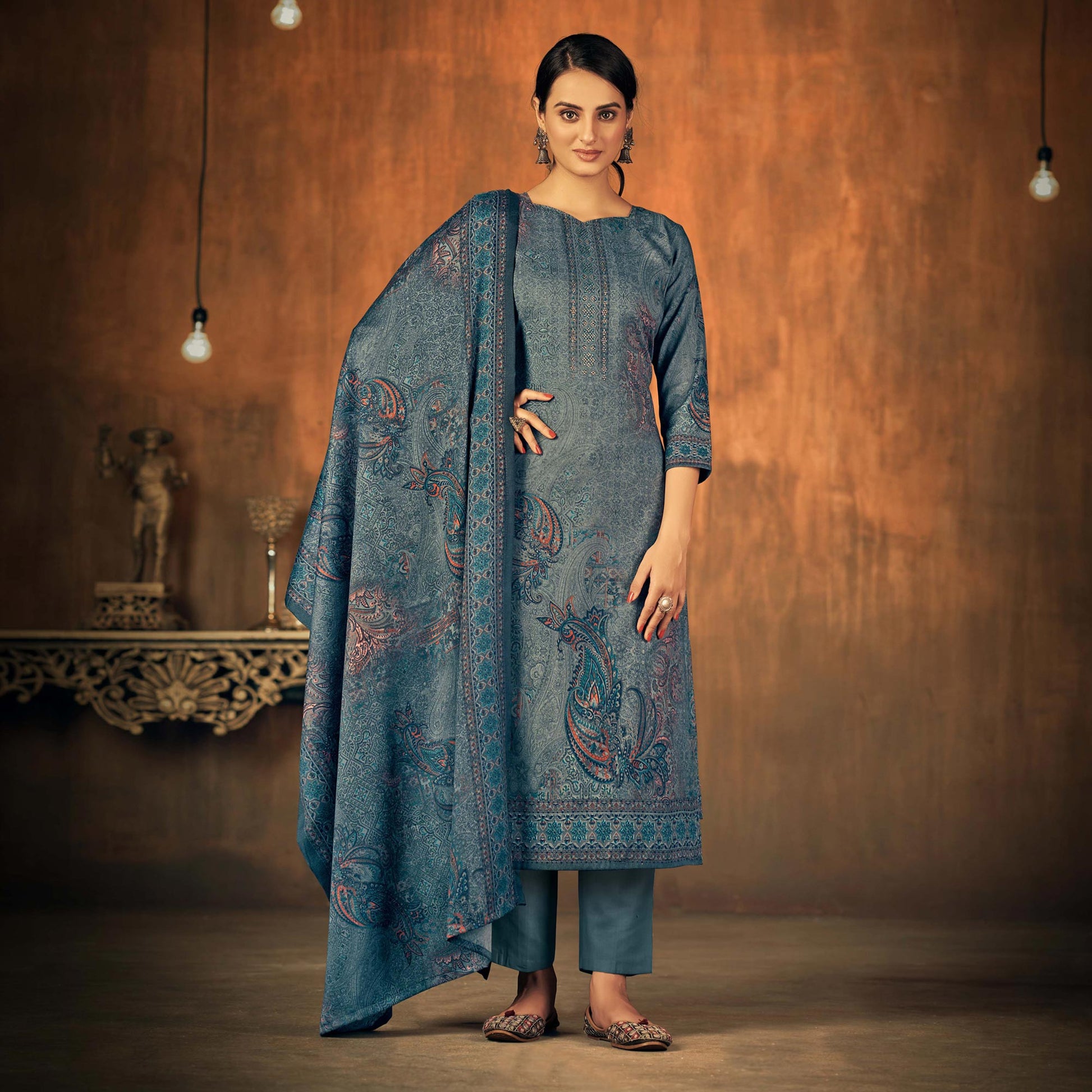 Grey Printed With Swarovski Work Pashmina Salwar Suit