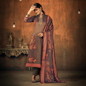 Brown Printed With Swarovski Work Pashmina Salwar Suit