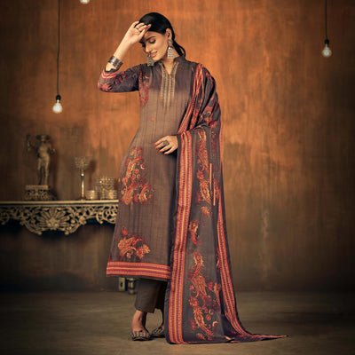 Brown Printed With Swarovski Work Pashmina Salwar Suit