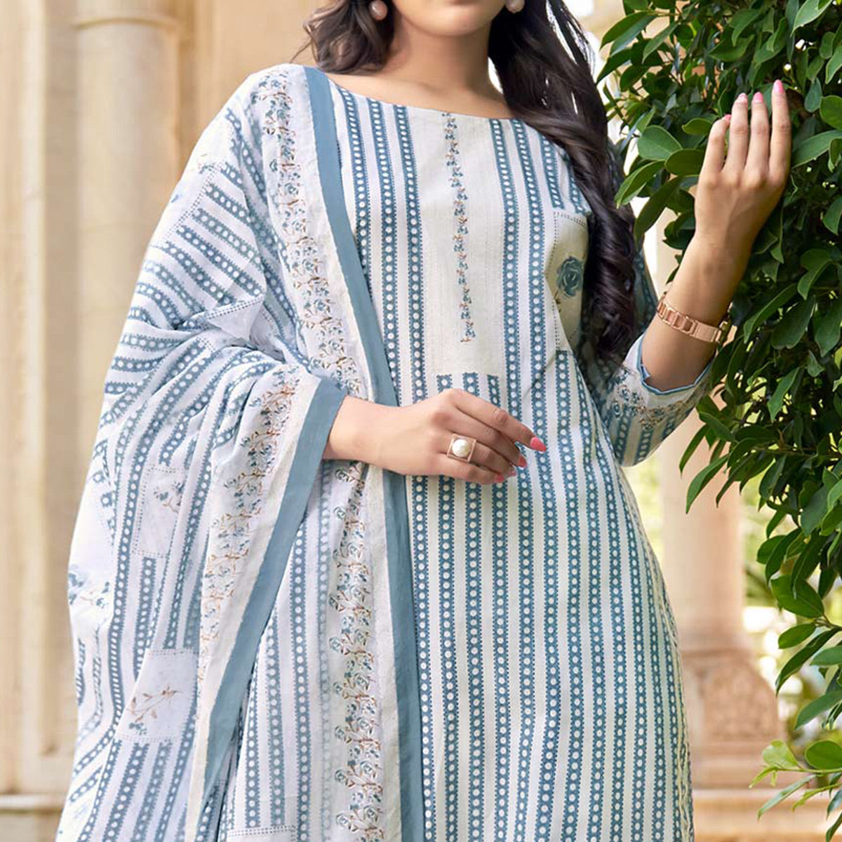 Grey Printed Pure Cotton Dress Material