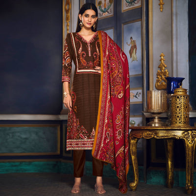 Brown Digital Printed Pashmina Woolen Suit