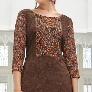 Brown Printed With Embroidered Rayon Suit