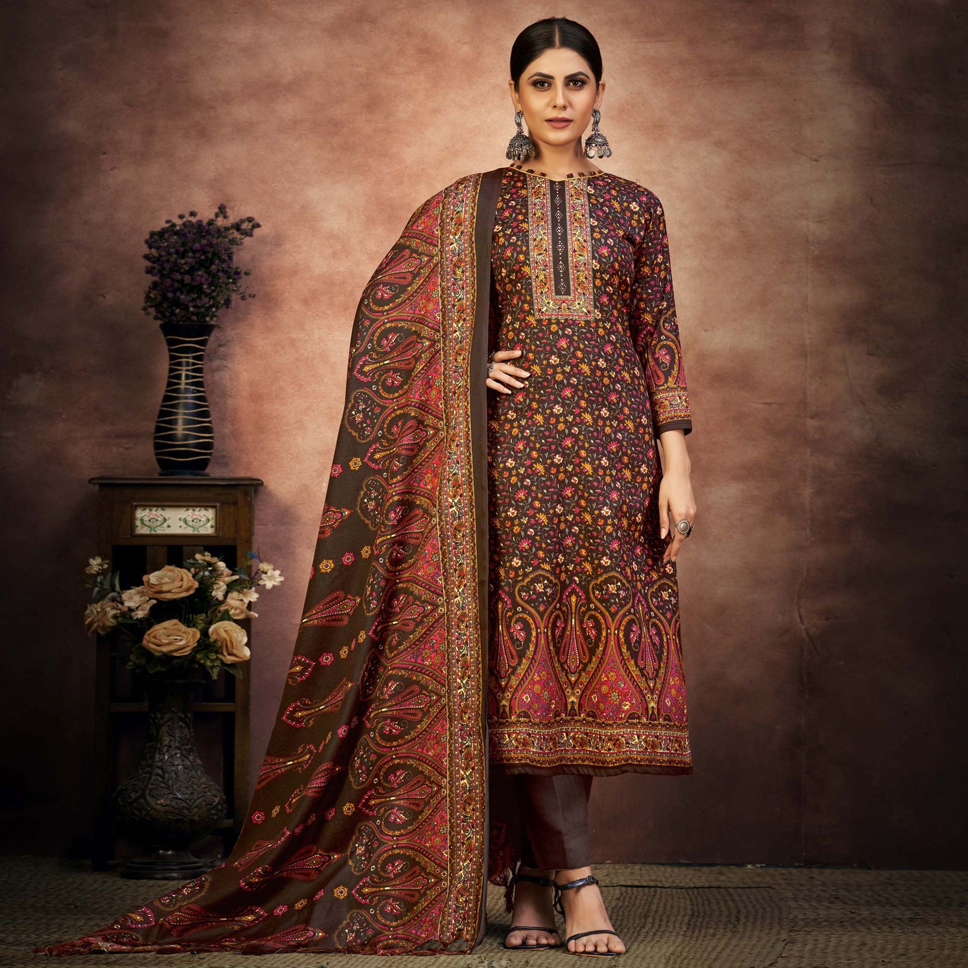 Brown Floral Printed With Swarovski Work Pashmina Suit