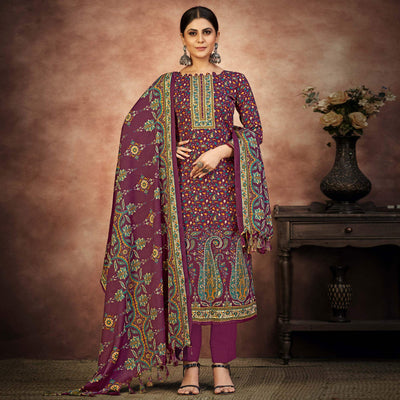 Magenta Purple Floral Printed With Swarovski Work Pashmina Suit