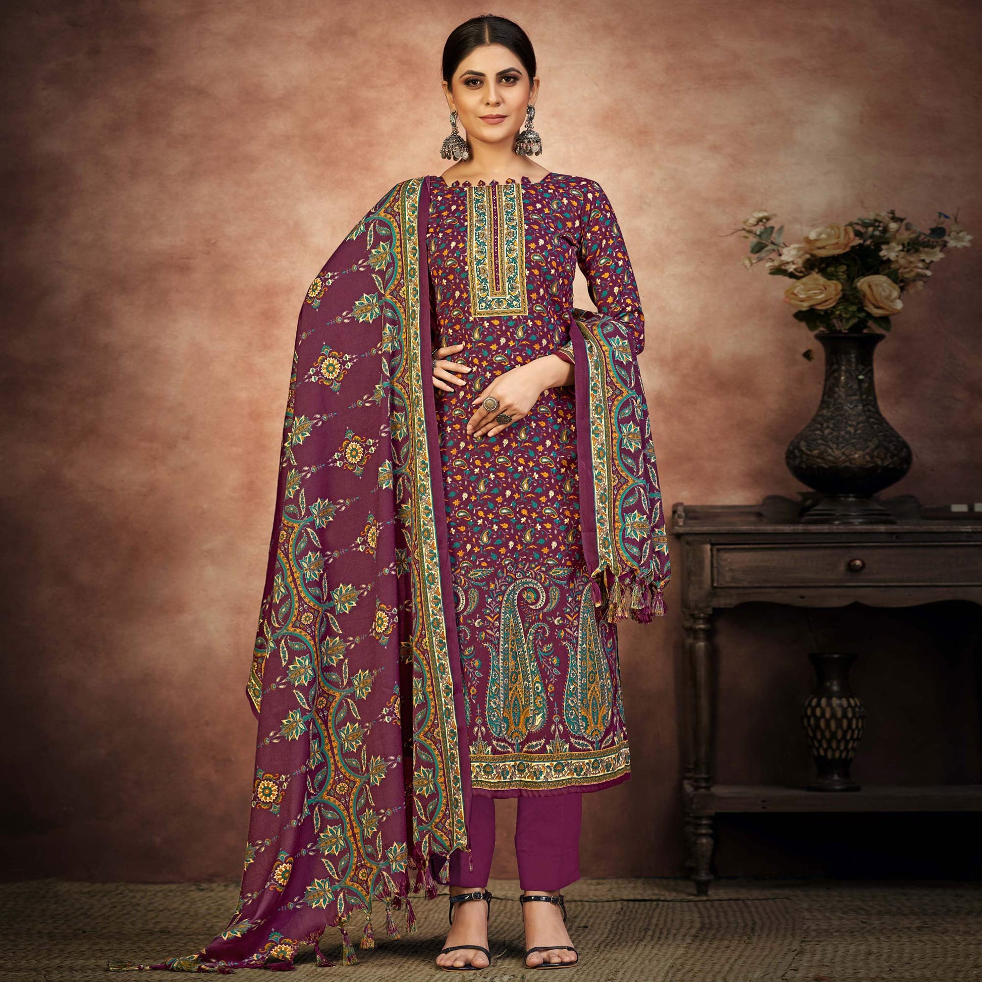 Magenta Purple Floral Printed With Swarovski Work Pashmina Suit