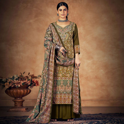 Mehandi Green Floral Printed Pashmina Woolen Suit