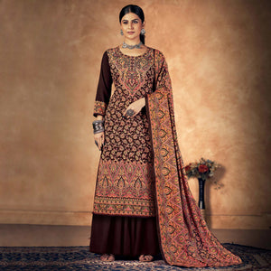 Brown Floral Printed Pashmina Woolen Suit