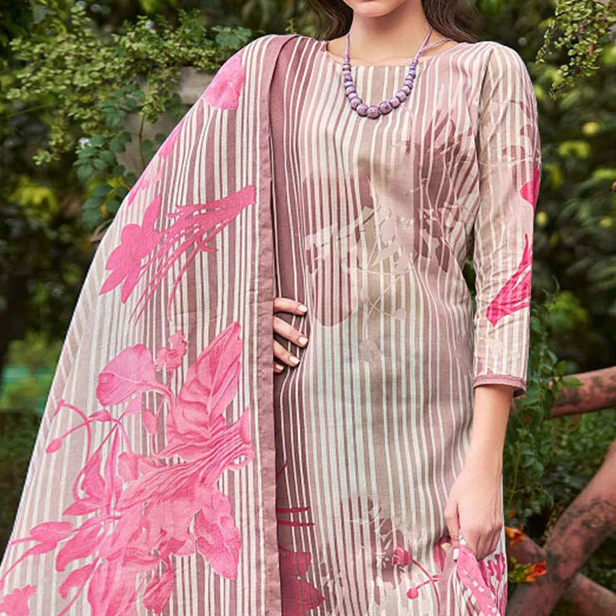 Mauve Floral Printed Pure Cotton Dress Material