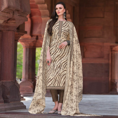 Brown Printed Pure Cotton Dress Material
