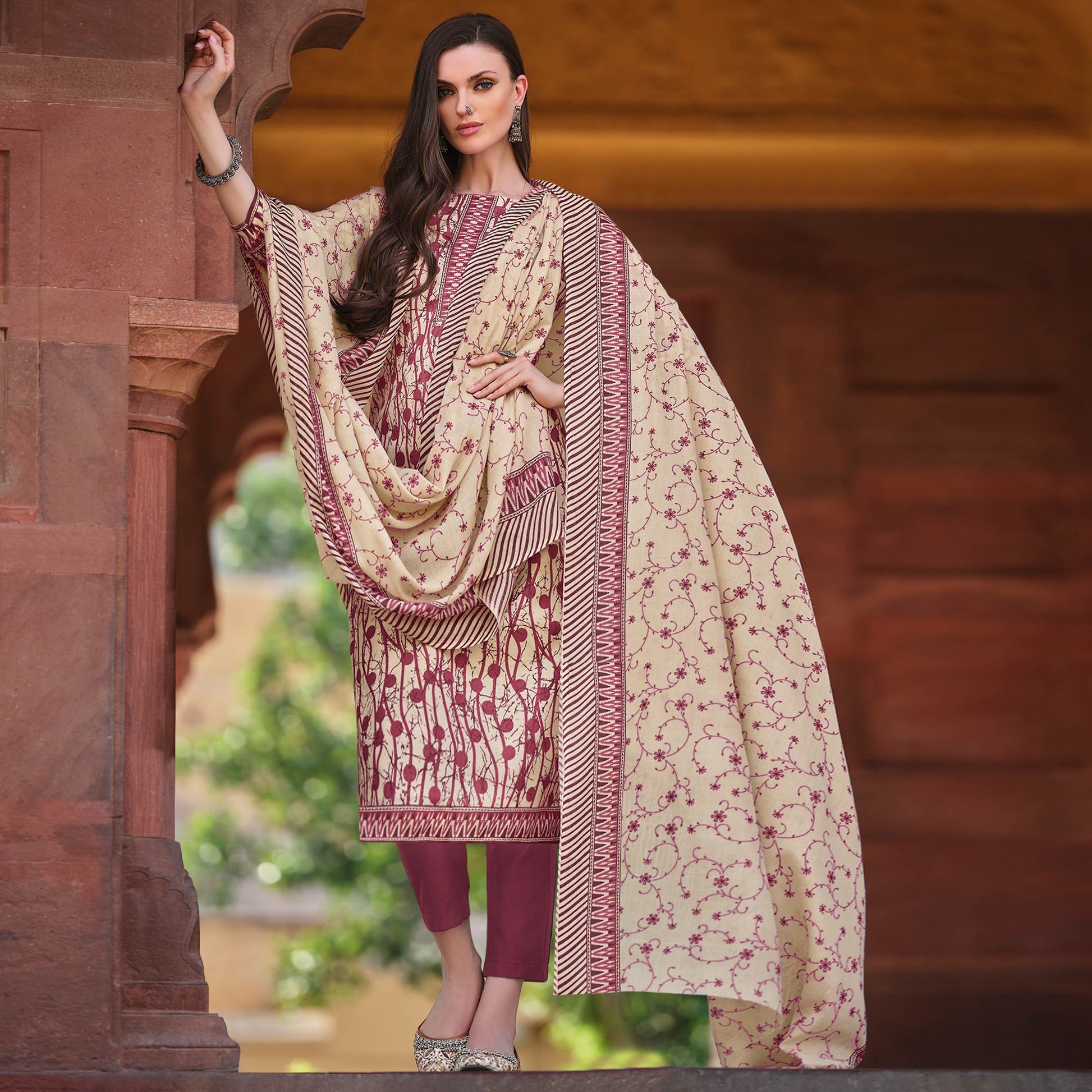 Dusty Pink Printed Pure Cotton Dress Material