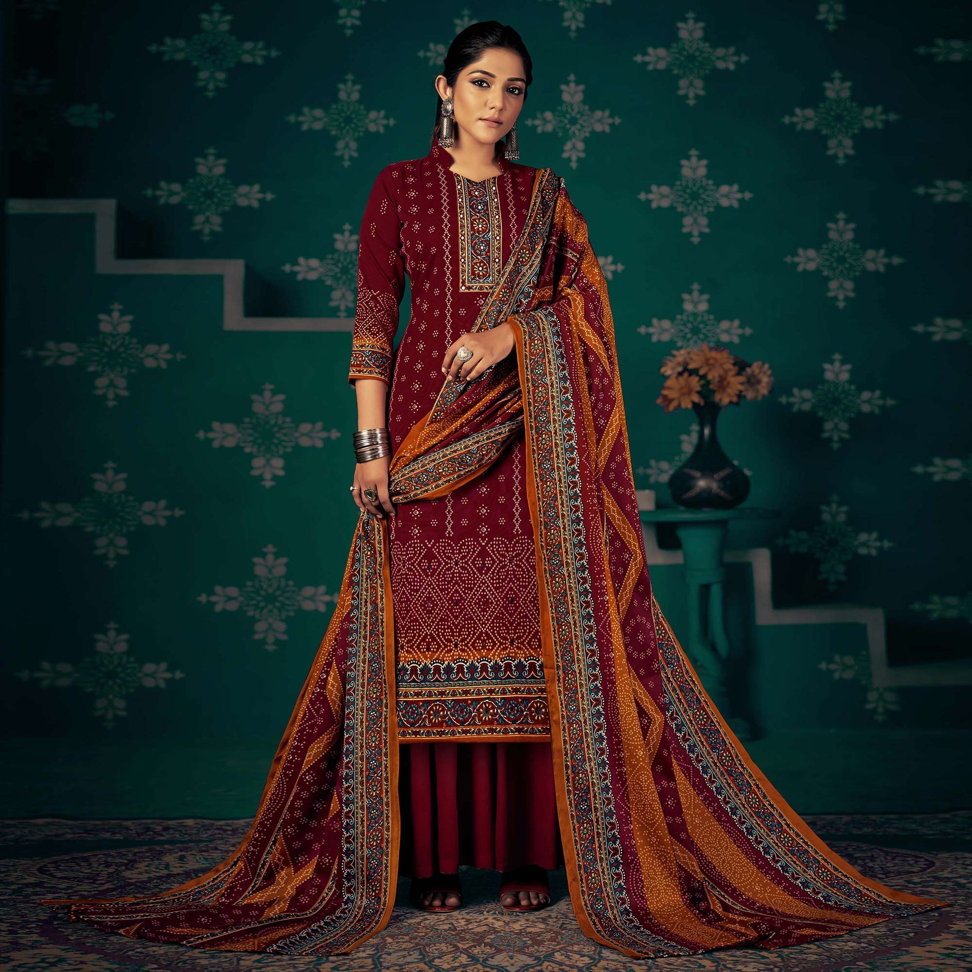 Maroon Bandhani Printed Pashmina Salwar Suit