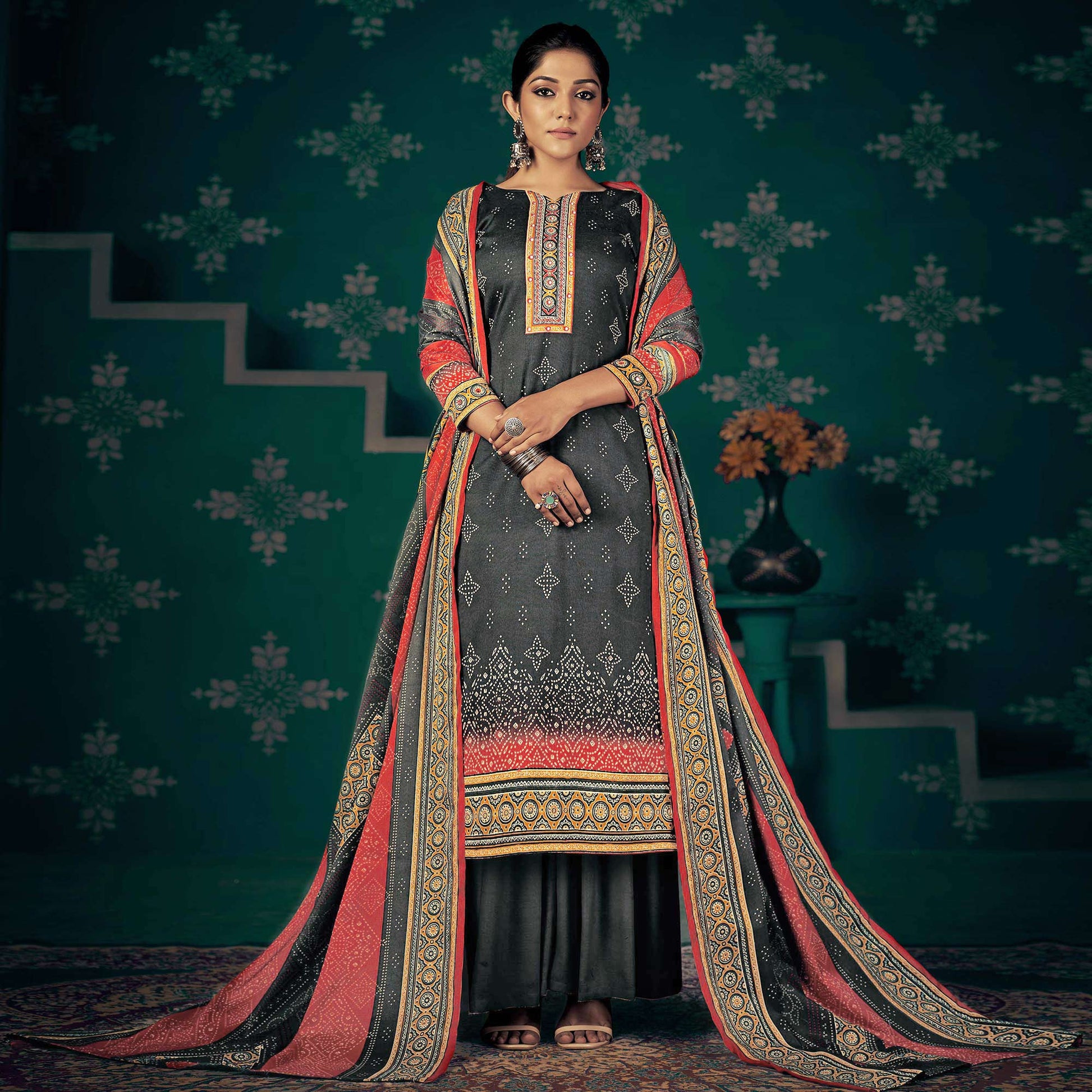 Dark Grey Bandhani Printed Pashmina Salwar Suit