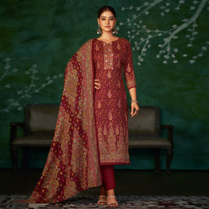 Maroon Floral Printed With Swarovski Work Pashmina Suit